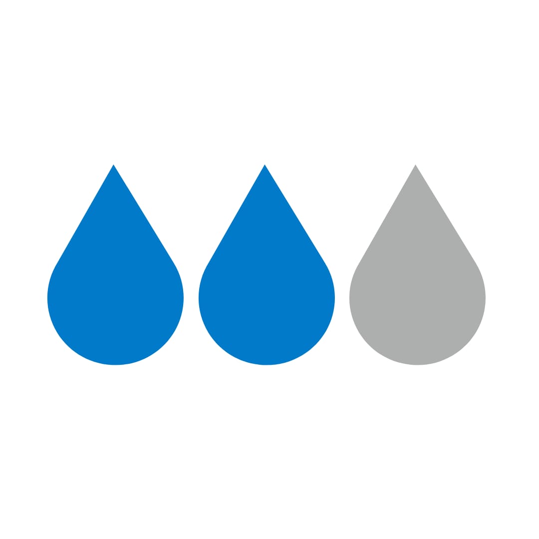Three icons of water droplets, two of which are blue and one gray, to indicate that two-thirds of all water consumption goes into producing ingredients for corporate supply chains.